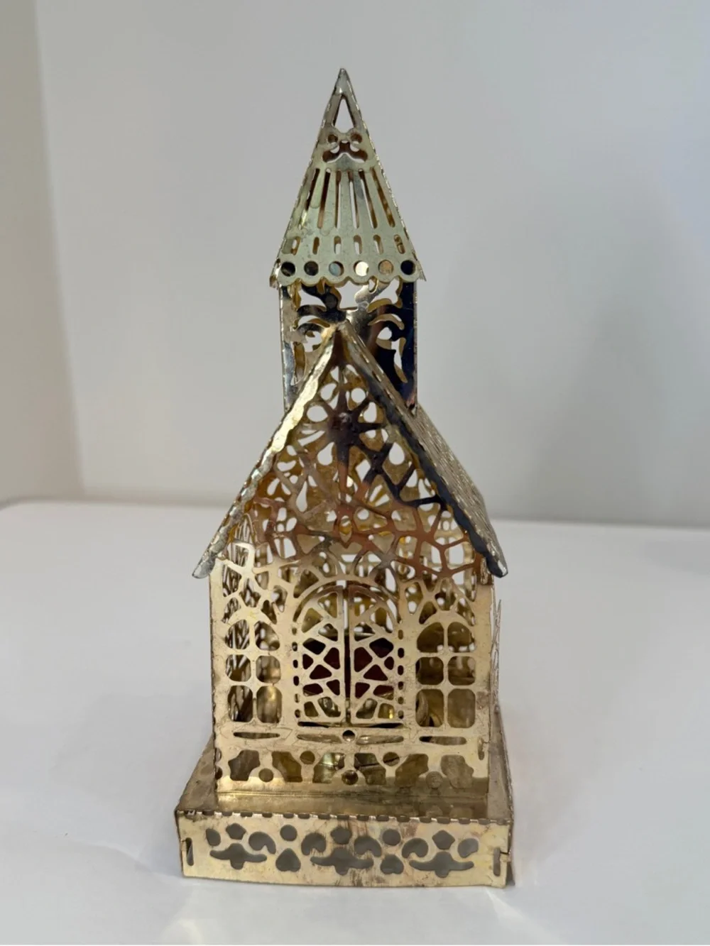Vtg Brass Filigree Church Tea Light Votive Candle Holder 7.5